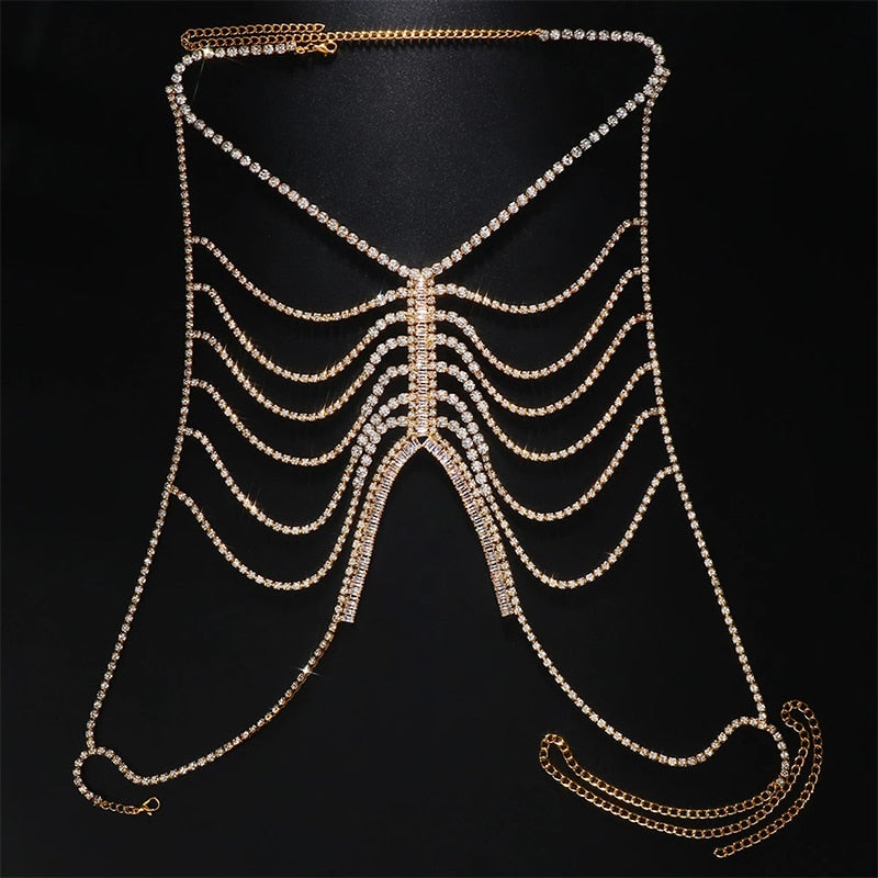 Stonefans Trendy Zircon Hollow Bras Chain Necklace Jewelry Luxury Accessories Bikinis Rhinestone Harness Chest Chain Multi Layer