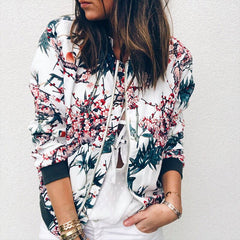 Women Floral Printed Jackets Spring Autumn Long Sleeve Zipper Bomber Outwear Casual Pocket Slim Streetwear Female Plus Size Coat