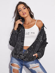 oose Retro Black Denim Jacket Streetwear Female Washed