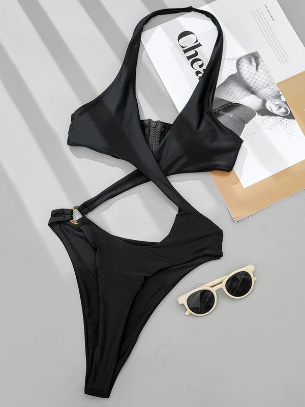 High Cut Out Halter Swimwear One Piece Swimsuit Cross Bandage Monokini