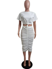 Neon Solid Bandage Two Piece Dress Sets Women Sexy Short Sleeve Crop Top and Ruched Skinny Mid Calf Skirt Fashion Clubwear Suit