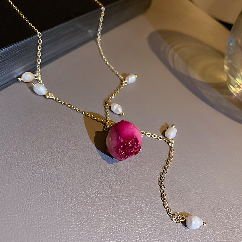 Immortal Rose Flower Pendant Necklace with Freshwater Pearl