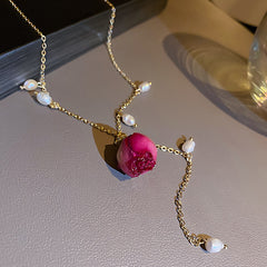 Immortal Rose Flower Pendant Necklace with Freshwater Pearl
