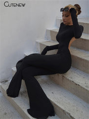 Solid Black Sexy Backless Bodycon Wide Leg Jumpsuit - Casual Slim Long Sleeve O-Neck