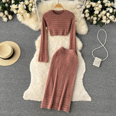 Elegant Slim Two Piece Sets Sweater Dress High Waist Knitted Ensemble Long Dress