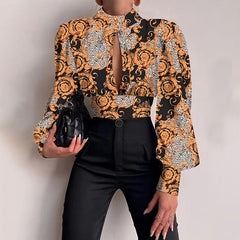 Spring Women Sexy Backless Hollow Print Shirts Tops 2022 Casual Stand Long Sleeve Office Lady Blouses Fashion Party Crop Top