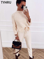 TYHRU Autumn Winter Women Sweater Tracksuit Leisure Hemp Flower Half-High Collar Pullover+Knitted Trousers Suits 2-piece Set