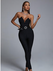 Top Quality 2022 New Summer Ladies Sexy Off the Shoulder Bodycon Jumpsuit Rayon Bandage Fashion Belt Evening Party Jumpsuit