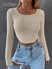 Abdieso Hollow Out Women T Shirts Sexy Halter Crop Top Y2K 2022 Black Brown Long Sleeve Autumn T Shirts Casual Tops Streetwear