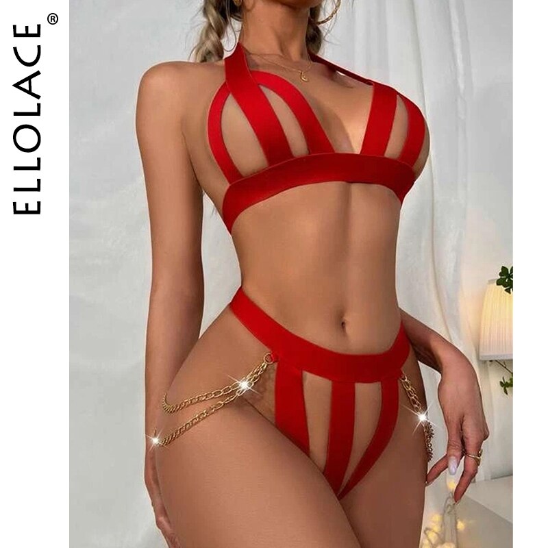 Ellolace Erotic Lingerie With Chain Hollow Out See Through Hot Exotic Costumes Halter Sex Thongs Porn Sexy Sensual Woman Whuta