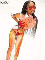 Kliou Gradient Print Foot Pants Women Fashion Medium Waist Body-Shaping Aesthetic Color Match Legging Streetwear Female Trousers