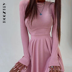 BoozRey Spring Long Sleeve Solid Dress Girl A-line Pleated Skirt Prom Party Dance Clothes French Hollow Backless Dress for Women