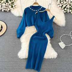 Elegant Slim Two Piece Sets Sweater Dress High Waist Knitted Ensemble Long Dress