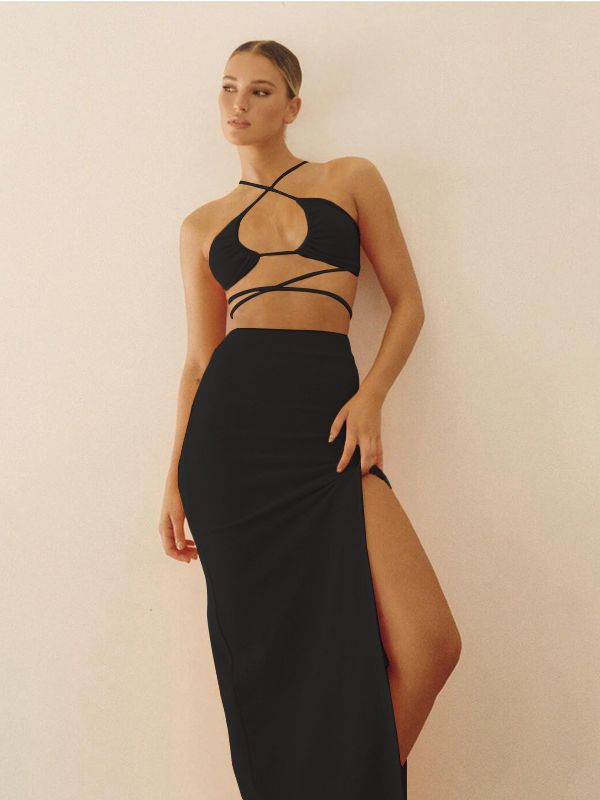 Cryptographic Bandage Cut Out Sexy Halter Neck Top and Skirts Set Gathered Elegant Club 2022 Summer Outfits Split Two Piece Set