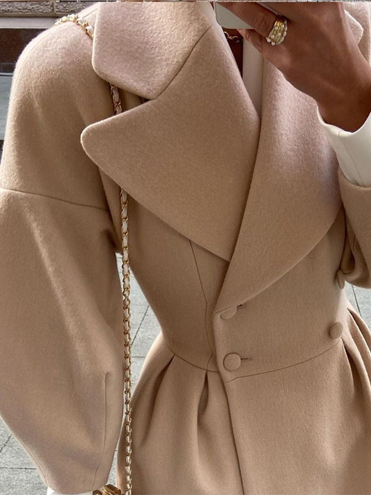 Autumn Women Woolen Coat Thick Lapel Lantern Sleeve Office Lady Long Jackets Double-Breasted New in Outerwears Female Coats