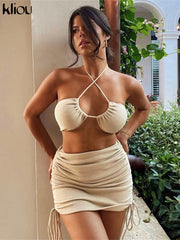 Kliou Solid Cleavage 2 Piece Set Women Backless Sexy Halter Midnight Top+Bandage Drawstring Skirt Clubwear Club Matching Set