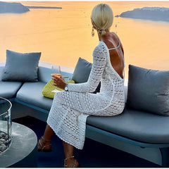 Hollow Out Backless Knitted Dress Long Sleeve Lace Up Mix Dress
