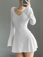 Backless Chic Solid Long Sleeve Autumn Dress