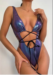 Hollow Out Sexy One Piece Swimsuit Snake  Skin Swimwear