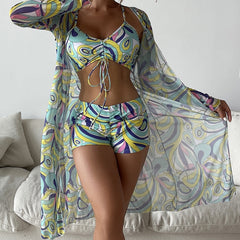 Tropical High Waist Bikini Three Pieces - Long Sleeve Cover Up Swimsuit Bathing Suit