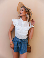 Simplee Elegant casual solid ruffled lace women blouse spring Embroidery button band collar shirt female fashion summer top lady