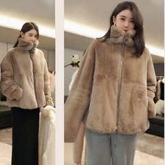 Women&#39;s Winter Jacket Fashion Solid Color Faux Fur Coat Korean Version Loose Simplicity Stand-up Collar Women&#39;s Clothing Coat