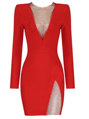 Women Winter Sexy Long Sleeve O Neck Mesh Diamonds Black Mini Bodycon Bandage Dress 2022 Elegant Evening Party Dress Vestidos