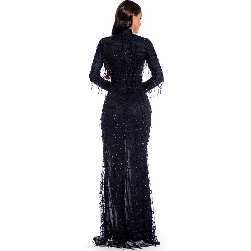 Evadne Sheer Sequin Turtleneck Maxi Dress