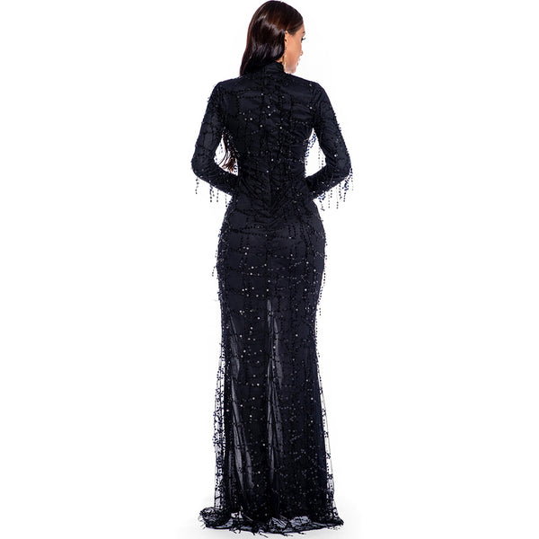Evadne Sheer Sequin Turtleneck Maxi Dress