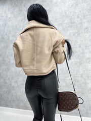 Faux Leather Jacket Long Sleeve Lapel Fleece Linen Coat Zip Up Warm Sherpa Coat