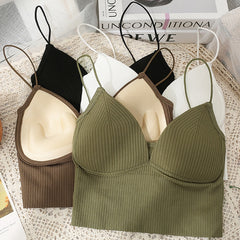 Seamless Crop Top V-Shaped Camisole Thin Straps Striped Solid Bralette