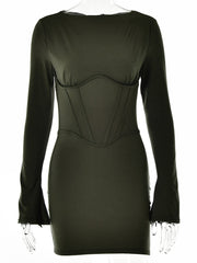 Illusion Bodycon Mini Dress O-Neck Split Flare Sleeve Wrap Skirt Solid Slim Bodycon