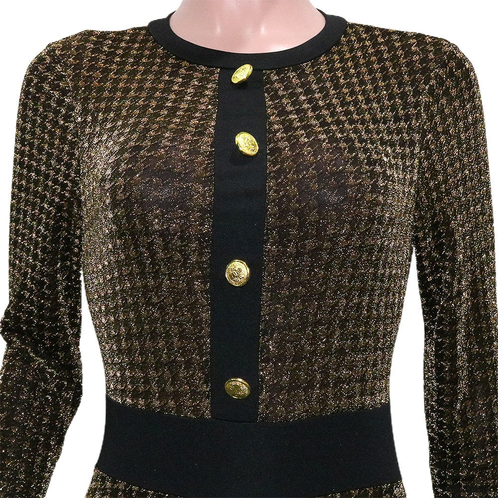 Gold Jacquard Houndstooth Long Sleeve Bodycon Jumpsuit