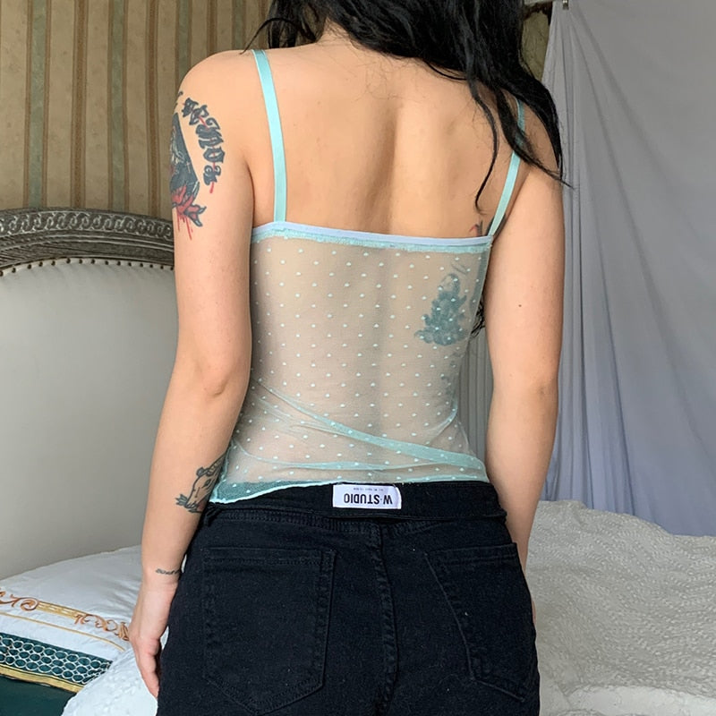 Rapcopter Y2K Lace Crop Top Floral Dot Printed Mini Vest Women See Through Cross Camis Chic Retro Cute Summer Sweats Fairycore