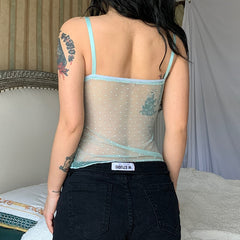 Rapcopter Y2K Lace Crop Top Floral Dot Printed Mini Vest Women See Through Cross Camis Chic Retro Cute Summer Sweats Fairycore