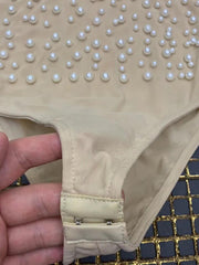 Vero Sinly Beach Fashion Sexy V Neck Mesh Beading Pearl Khaki Women Bodysuit 2022 Celebrity Designer Fashion Beachwear Bodysuit