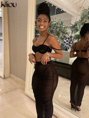 Kliou Mesh Two Piece Set Women Summer Sexy Wrapped Camisole+Bodycon See Through Pleated Skirt Maching Dress Suit Girl Clubwear