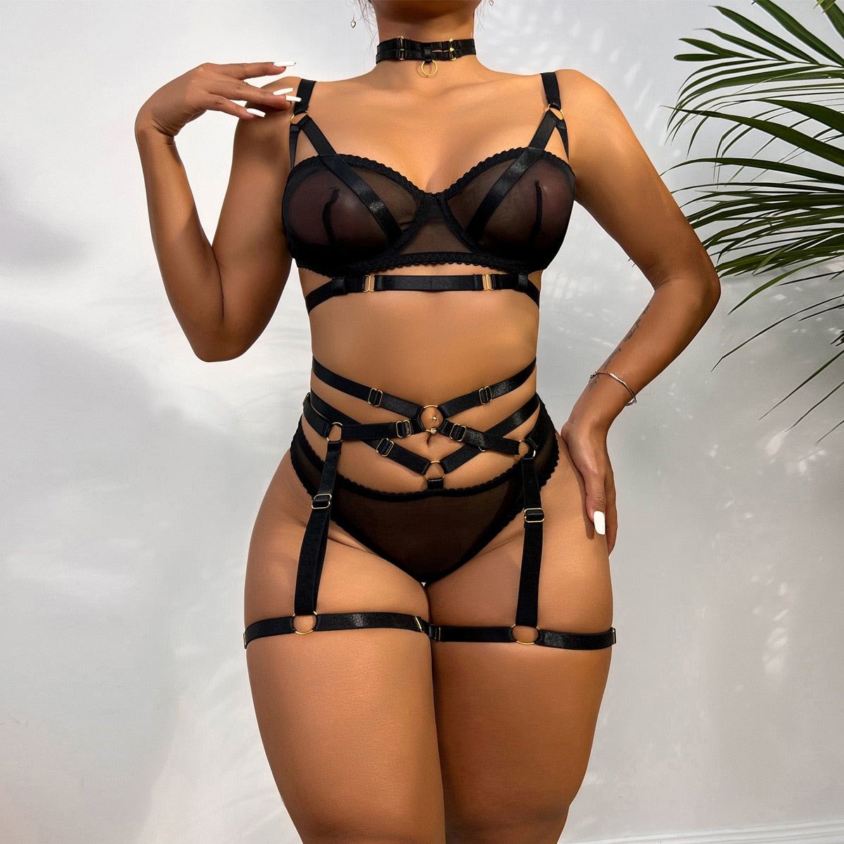 MIRABELLE Sexy Underwear Bandage Erotic 4-Piece Sensual Lingerie Woman Black Bra Lace Bilizna Set Transparent Garters Intimate