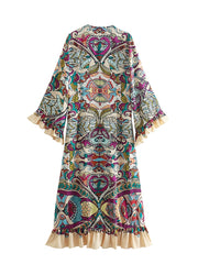 Women Chic Lace Up Print Ruffle Midi Dress Elegant Long Sleeve V Neck Dress 2022 Summer Office Lady Commuter Robe High Street