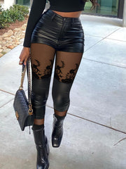 Fashion Spring Women Contrast Mesh PU Leather Skinny Pants 2022 Sexy Femme High Waist Buttoned Trousers Lady Club Clothing y2k
