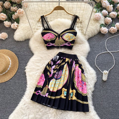 2022 Summer New Short Strapless Suspender Vest High Waist Pleated Skirt Two Piece Set