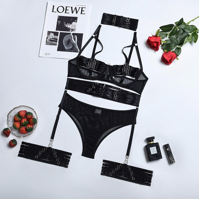 Ellolace Sensual Lingerie Woman Hollow Out Erotic Brief Sets Push Upp Adjustable Buckle Bra Garters 5-Piece Lace Underwear Whuta