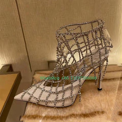 Ladies rhinestone mesh pointed toe high heels women&#39;s spring new mix color 9cm hollow zipper Roman sandals footwear size 40
