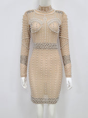 High Quality Celebrity Khaki Pearl Beading Hollow Out Dress Women Long Sleeve Sexy Bodycon Club Party Dresses Vestidos 2022