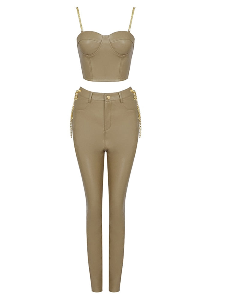 Sexy Spaghetti Straps Chain Jumpsuit Women Designer Short Top + Pants Two Piece Set Bodysuit Celebrity Party Nightclub Outfits