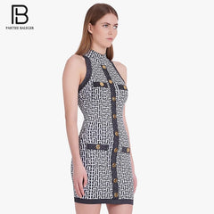 PB Fashion 2022 Summer Women Jacquard Mini Dress Button Design Sexy Sleeveless Party Club Bandage Vestido Free Shipping