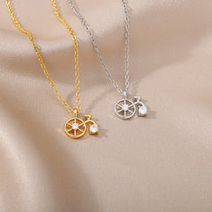 Goth Zircon Round Compass Necklace For Women Stainless Steel Gold Color North Star Pendants Necklaces Sailing Jewelry Gift