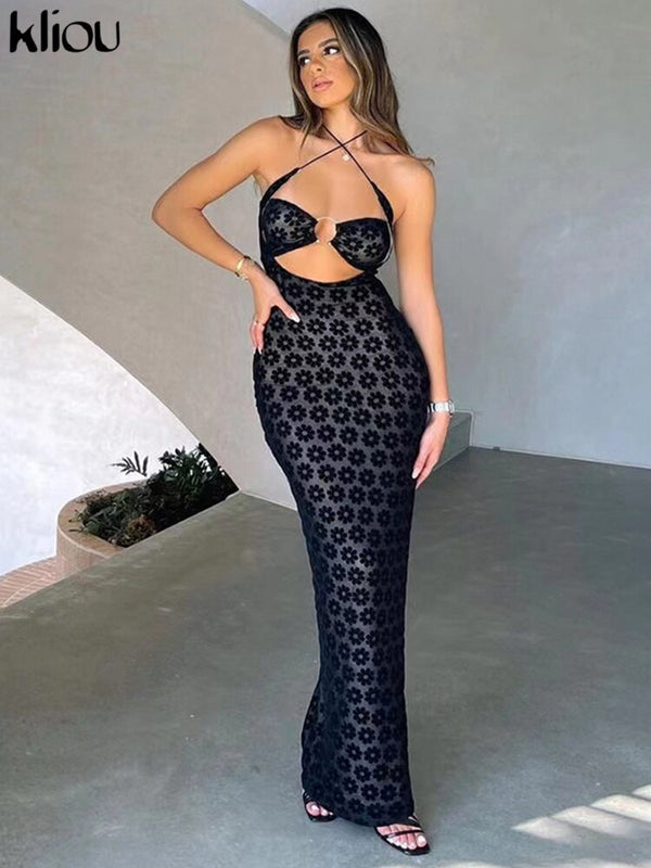 Kliou Halter Mesh Patchwork See Through Maxi Dress Women Sexy Lace Up Sleeveless Cut Out Cleavage Sheath Robe Partywear Vestido