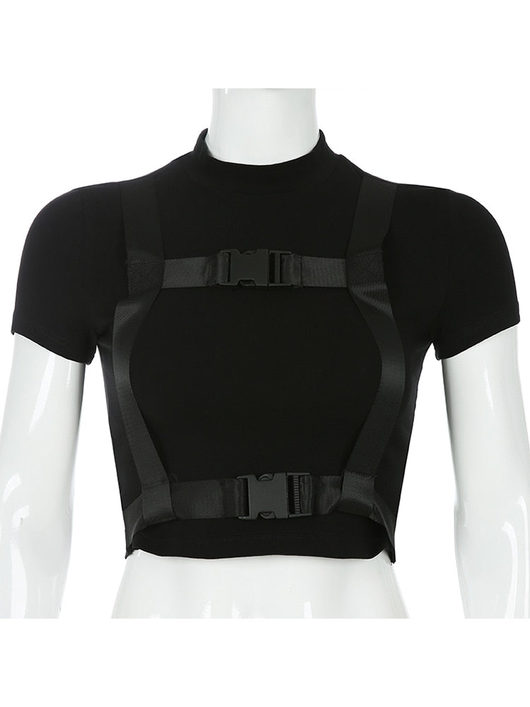 Sweetown Black Gothic Sexy Women Basic Tshirt Short Sleeve Techwear O-Neck Tee Shirt Femme Summer Crop Tops With Buckle Ribbon