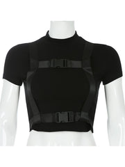 Sweetown Black Gothic Sexy Women Basic Tshirt Short Sleeve Techwear O-Neck Tee Shirt Femme Summer Crop Tops With Buckle Ribbon